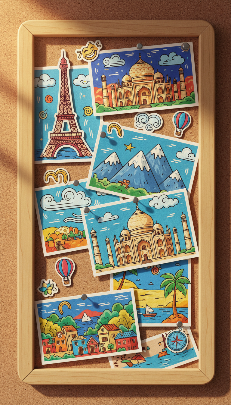 A delightfully arranged collage of vibrant travel postcards, each featuring playfully rendered landmarks and bright, saturated colors, carefully pinned to a corkboard framed in smooth, rounded birch wood. The postcards slightly overlap, creating a whimsical mosaic of sights from mountain peaks to seaside villages, interspersed with quirky hand-drawn icons like windswept clouds and laughter. Sunlight filters in at an angle, creating areas of soft glow and playful shadows, accentuating the rounded corners and textures. The composition is asymmetrical, energetic, and closely cropped for visual impact, matching the blog’s playful, welcoming tone.
